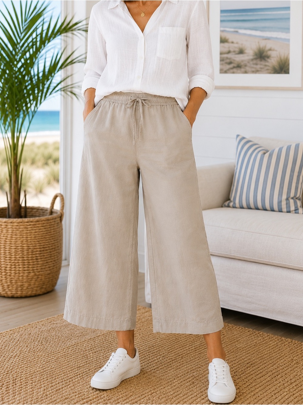 Michael Brandon Linen Blend Wide Leg Cropped Pants L Beige Coastal Resort Wear